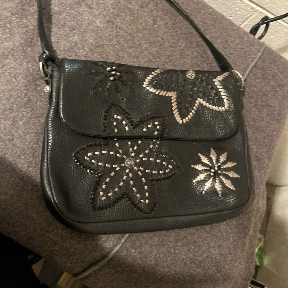 Brighton Black Crossbody Bag with Floral Accents Leather